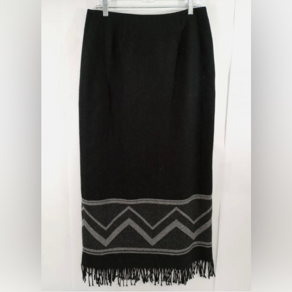 VINTAGE 90s Nine & Co southwest Black Wool Blanket Fringe Trim Maxi Wrap Skirt